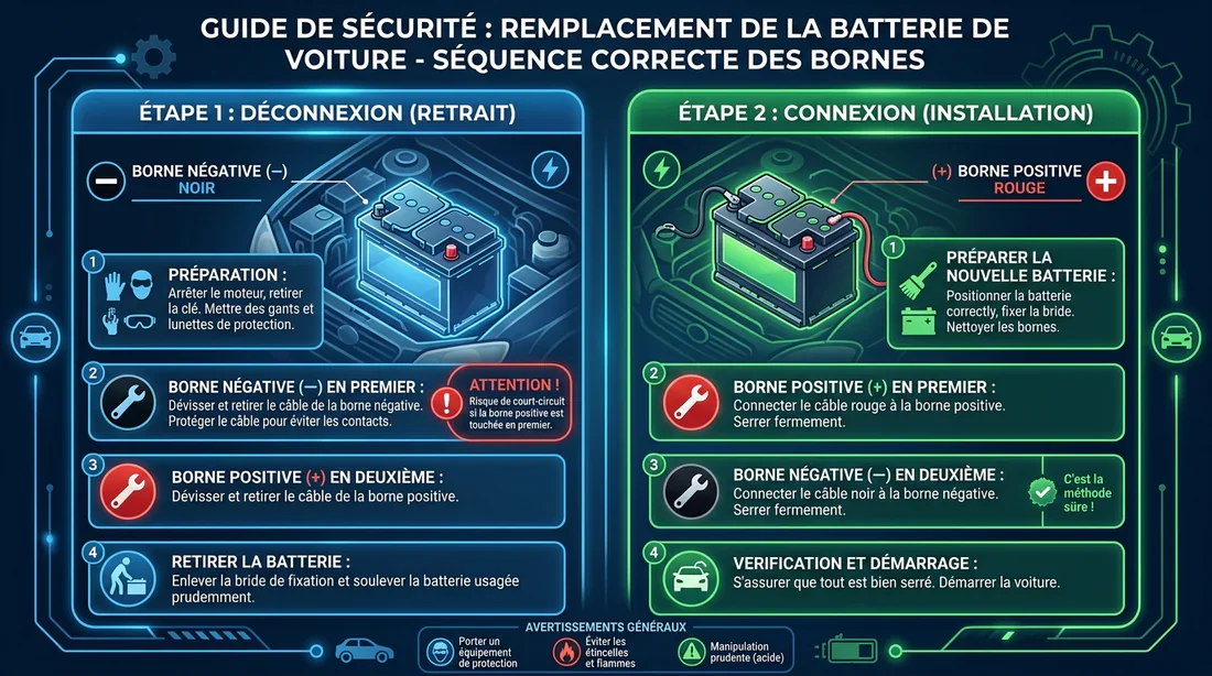 Infographie expliquant les étapes de sécurité pour changer une cosse de batterie