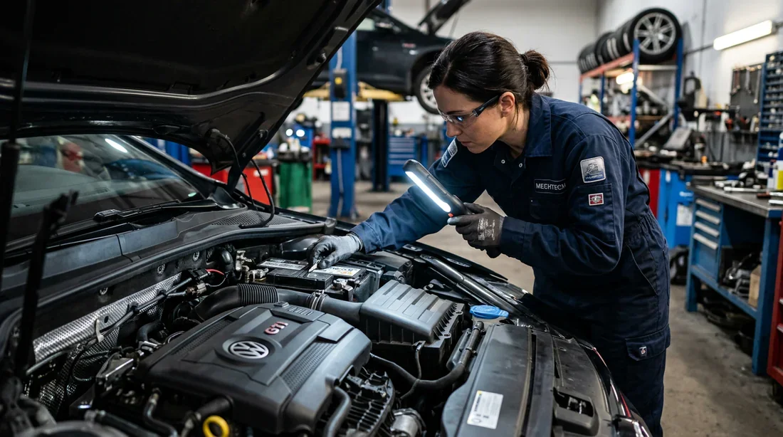 Mécanicien inspectant les cosses de batterie sous le capot d'une voiture