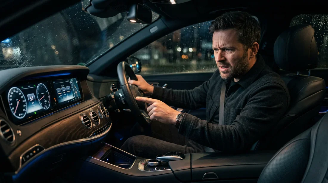 Difficultés avec les commandes au volant d'une voiture Conducteur perplexe face aux commandes complexes sur le volant d'une voiture moderne