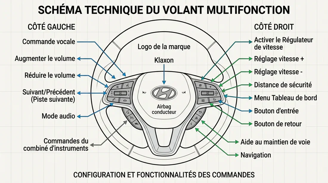 Fonctionnement des commandes du volant Schéma technique des boutons de commande sur un volant