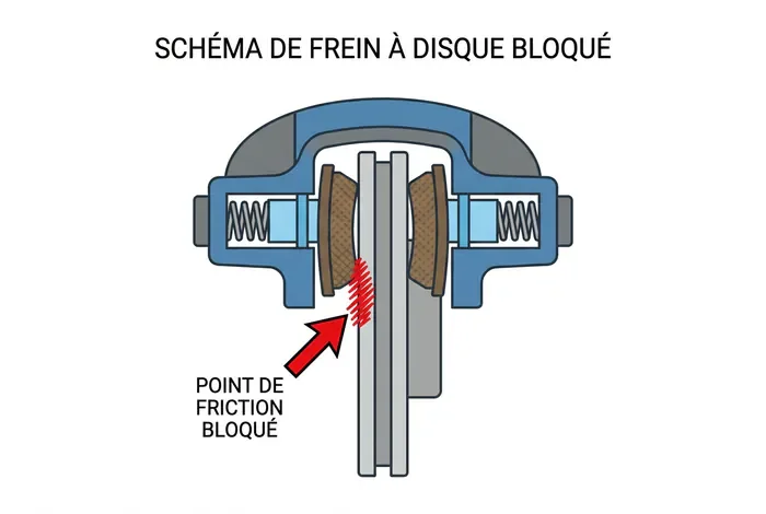 Schéma d'un étrier de frein grippé avec flèche de blocage