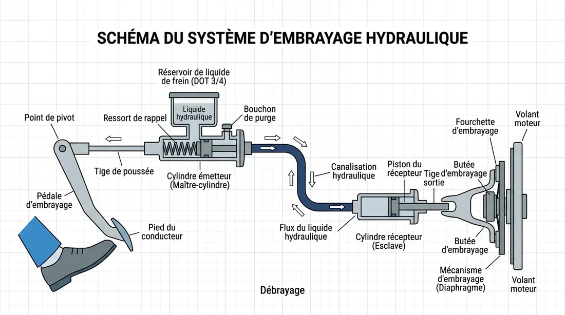 Fonctionnement émetteur et récepteur d'embrayage Schéma du fonctionnement du système d'embrayage hydraulique