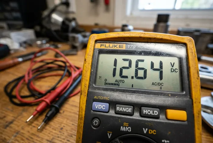 Écran de multimètre affichant 12,64 volts pour une batterie de moto