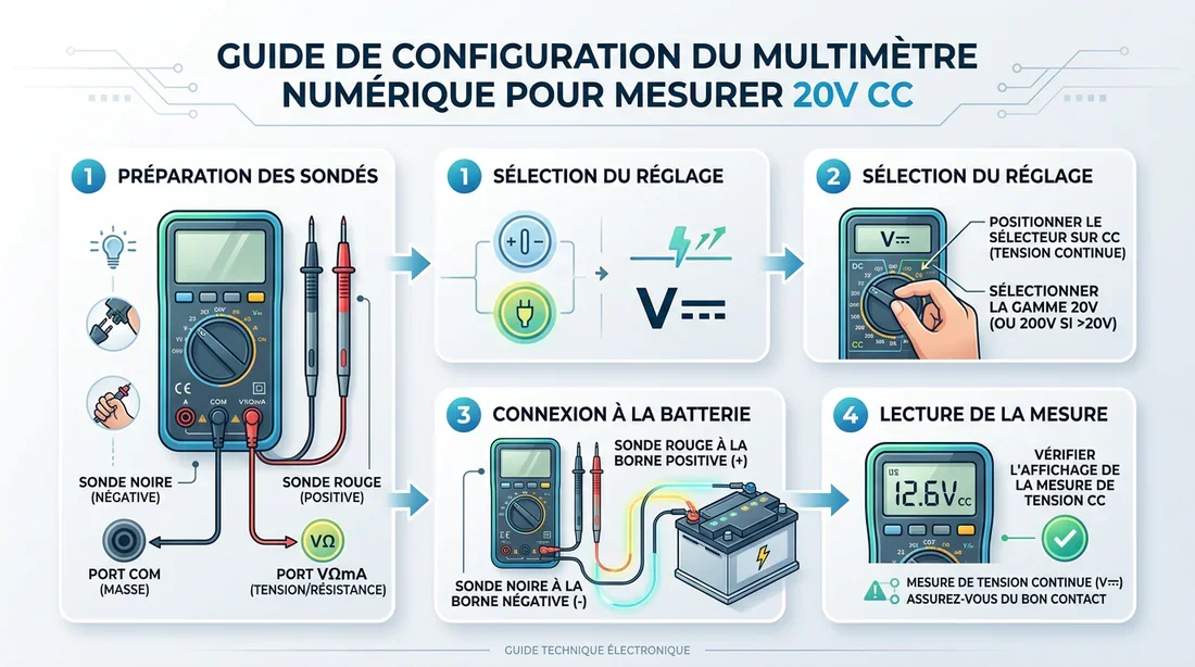 Infographie des réglages du multimètre pour contrôler la tension d'une batterie