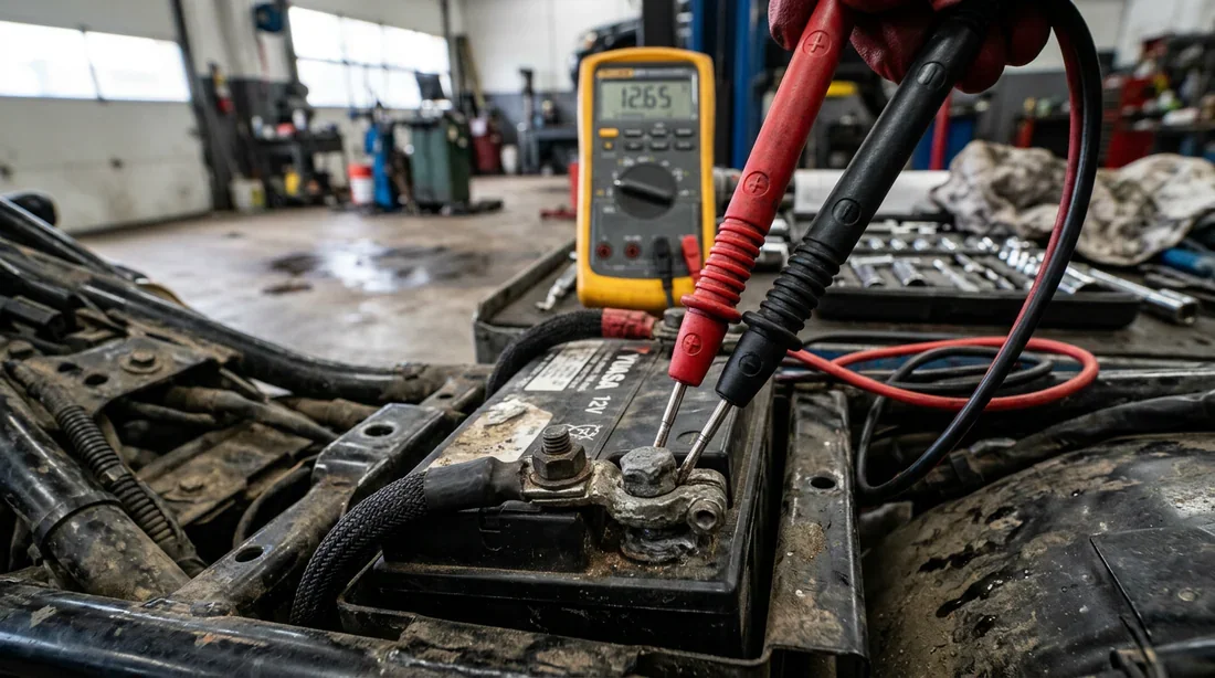 Prise de mesure de la tension avec les pointes du multimètre sur la batterie