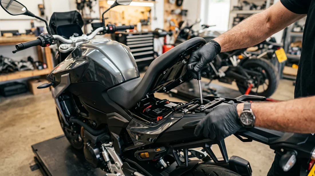 Retrait de la selle de moto pour accéder aux bornes de la batterie