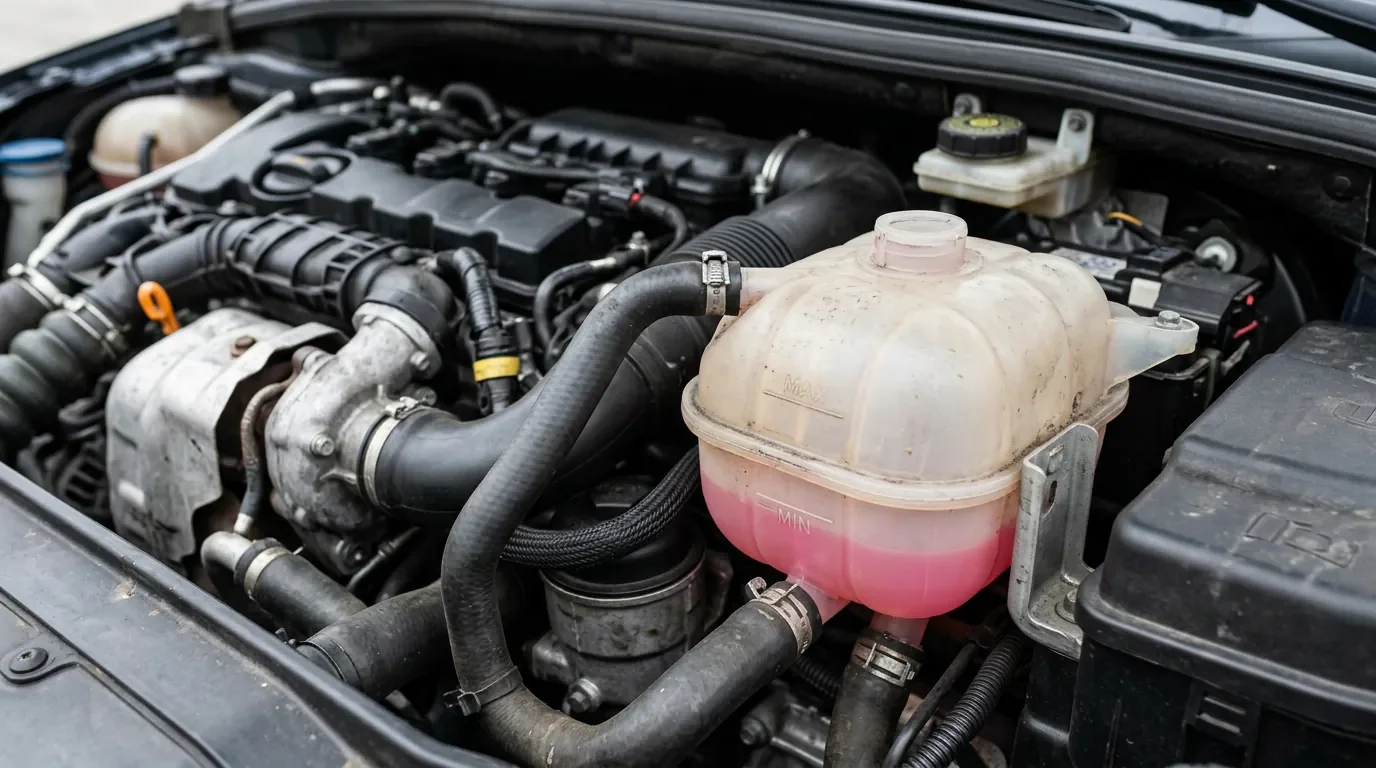Consommation de liquide sur moteur 1.6 HDI Vue rapprochée du vase d'expansion d'un moteur 1.6 HDI montrant un niveau de liquide de refroidissement trop bas.