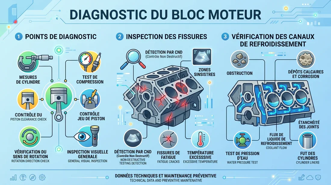 Infographie expliquant l'inspection et les pannes du bloc-cylindres