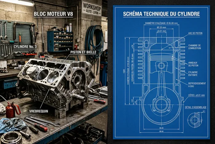 Vue séparée d'un bloc moteur et de son schéma technique bleu