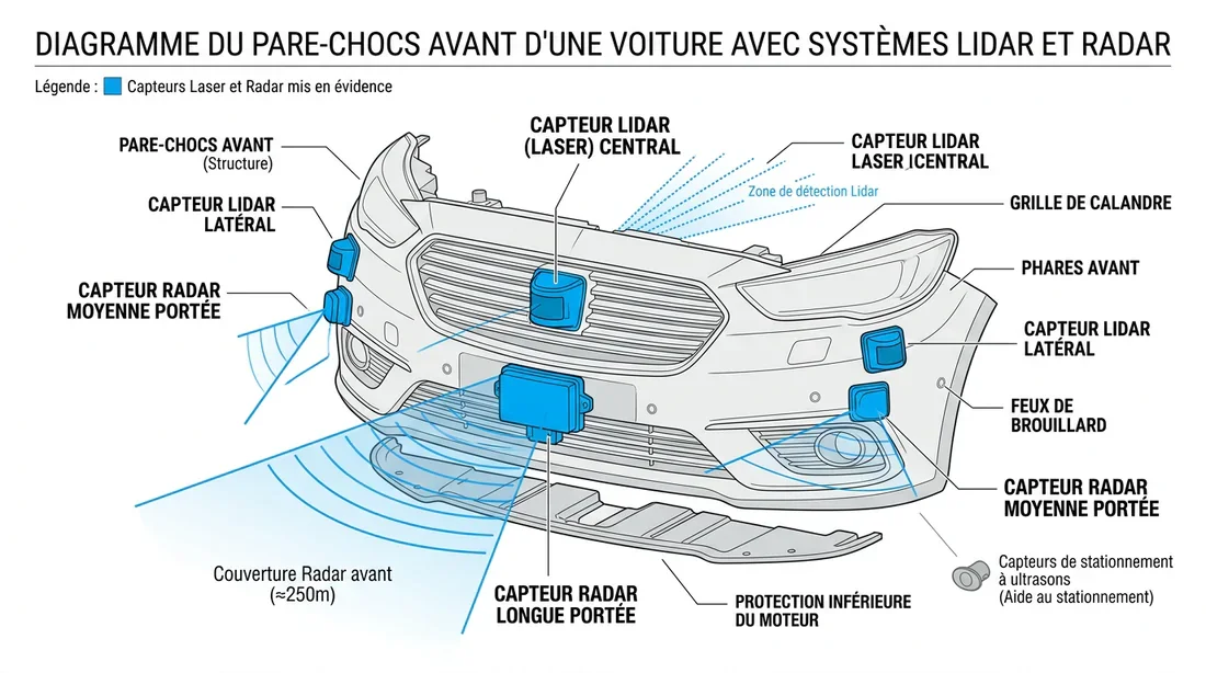 Schéma technique des capteurs radar avant d'une voiture