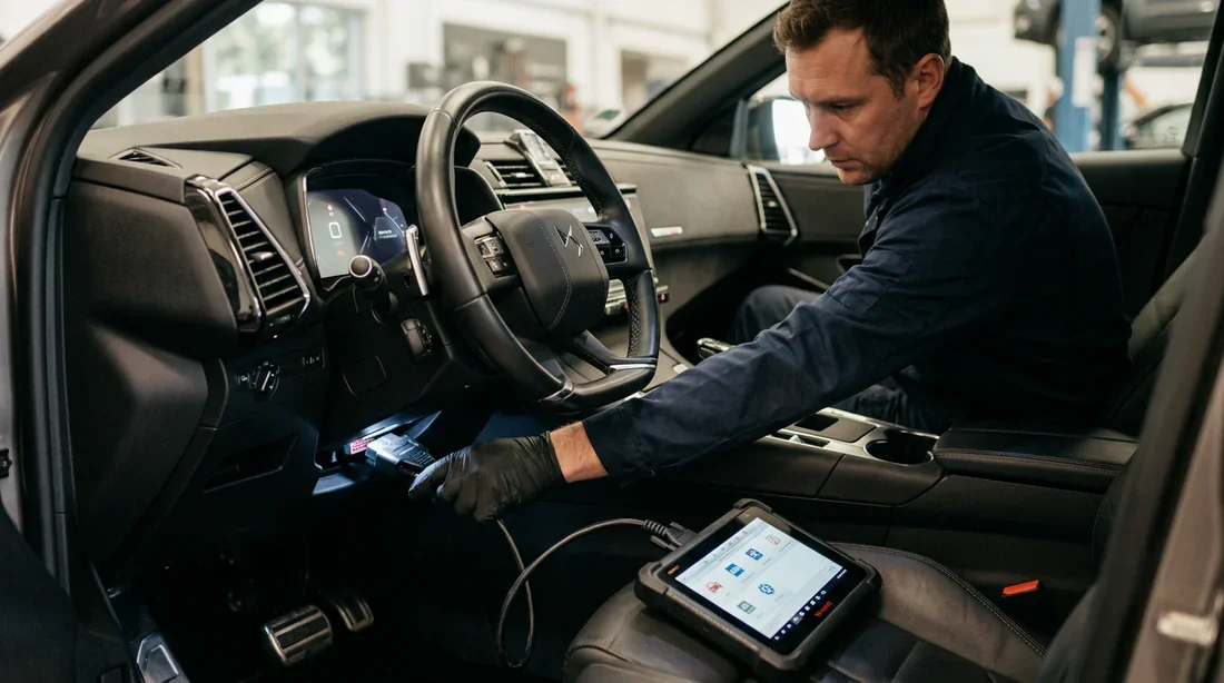 Mécanicien utilisant une valise de diagnostic professionnel sur une Citroën