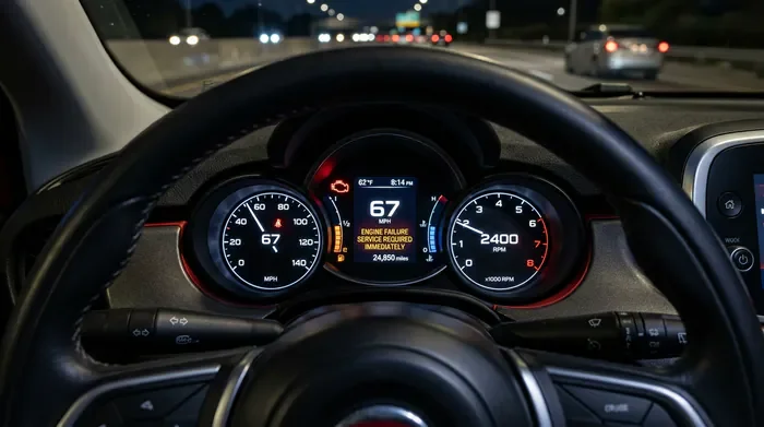 Icône stylisée Fiat 500X avec triangle d'alerte