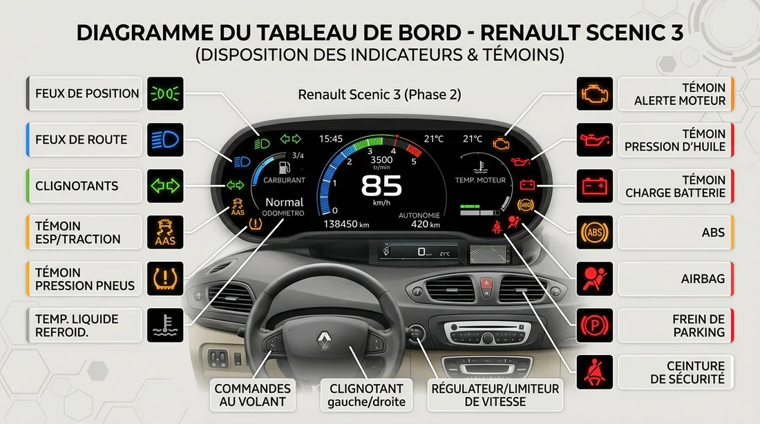 Tableau de bord Renault Scénic 3 avec un voyant d'alerte allumé