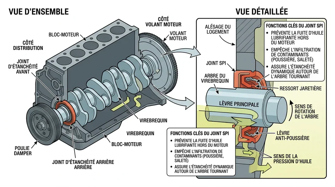 Schéma technique explicatif du rôle et de la position d'un joint spi dans le moteur