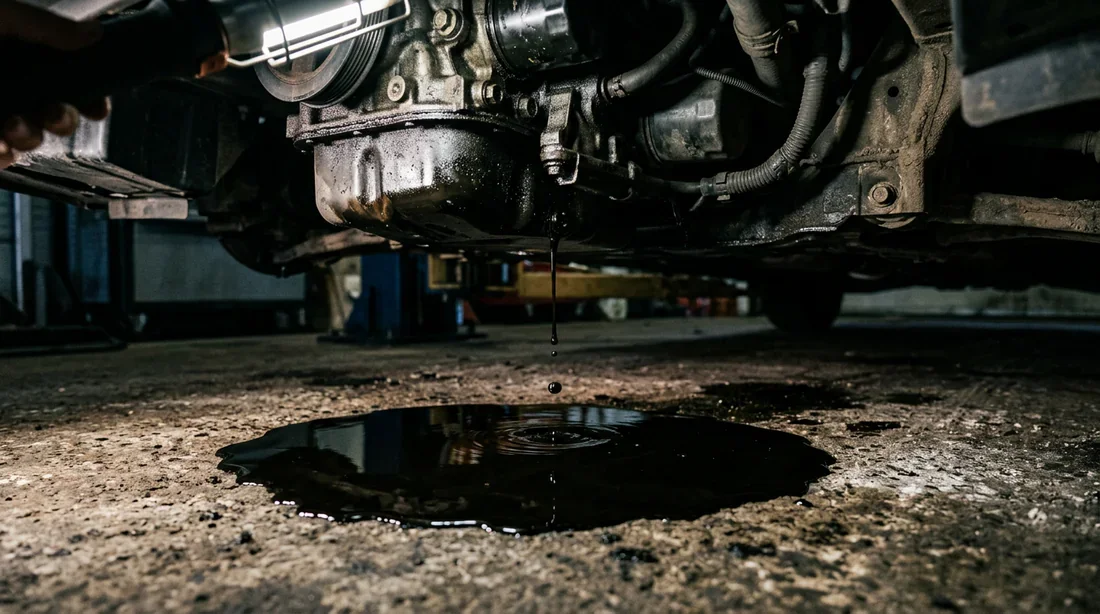 Traces d'huile moteur au sol sous la voiture révélant une fuite du joint spi