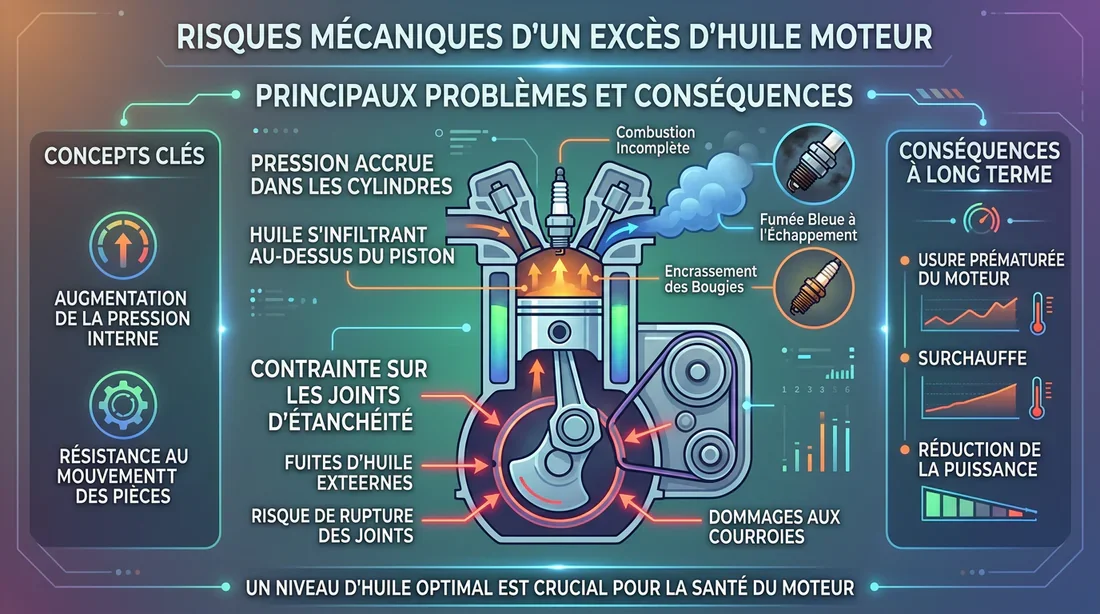 Schéma des risques et conséquences de la surpression d'huile moteur