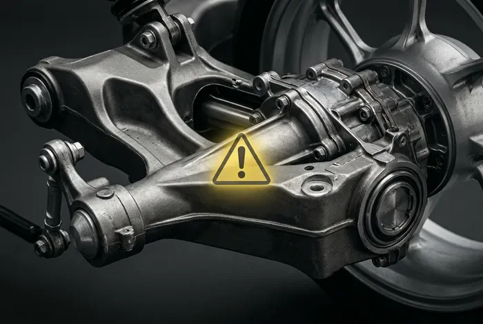 Gros plan technique du système de transmission par cardan de la Honda VFR 1200F