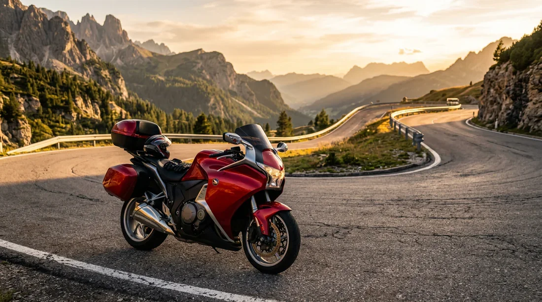 Honda VFR 1200F rouge sur une route de montagne sinueuse