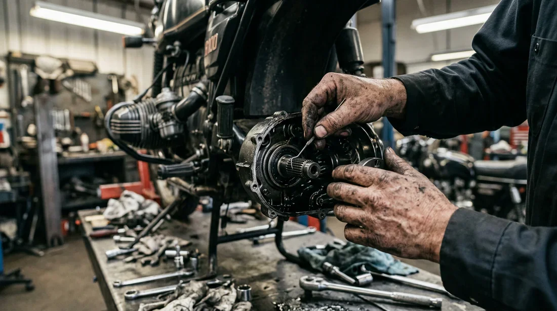 Inspection mécanique du cardan d'une moto sportive