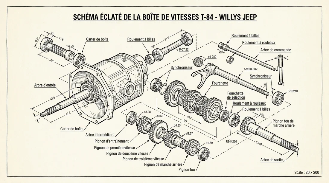 Vue éclatée et pièces de la boîte T-84 Schéma technique en vue éclatée des composants de la boîte T-84 de Jeep Willys