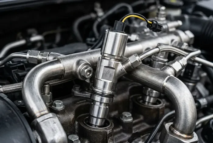 Gros plan sur un injecteur diesel métallique et une rampe commune