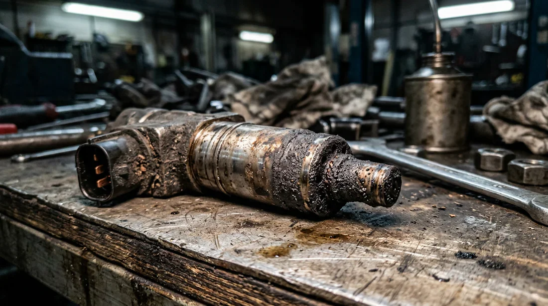 Injecteur diesel encrassé déposé sur un établi de garage