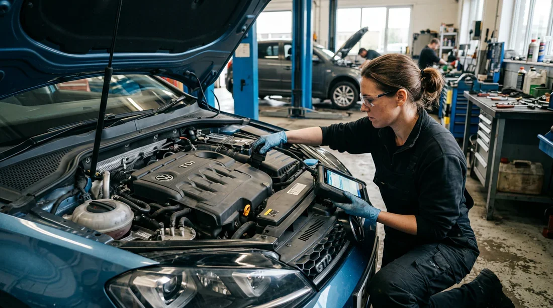 Outil de diagnostic électronique branché sur le moteur d'une voiture diesel