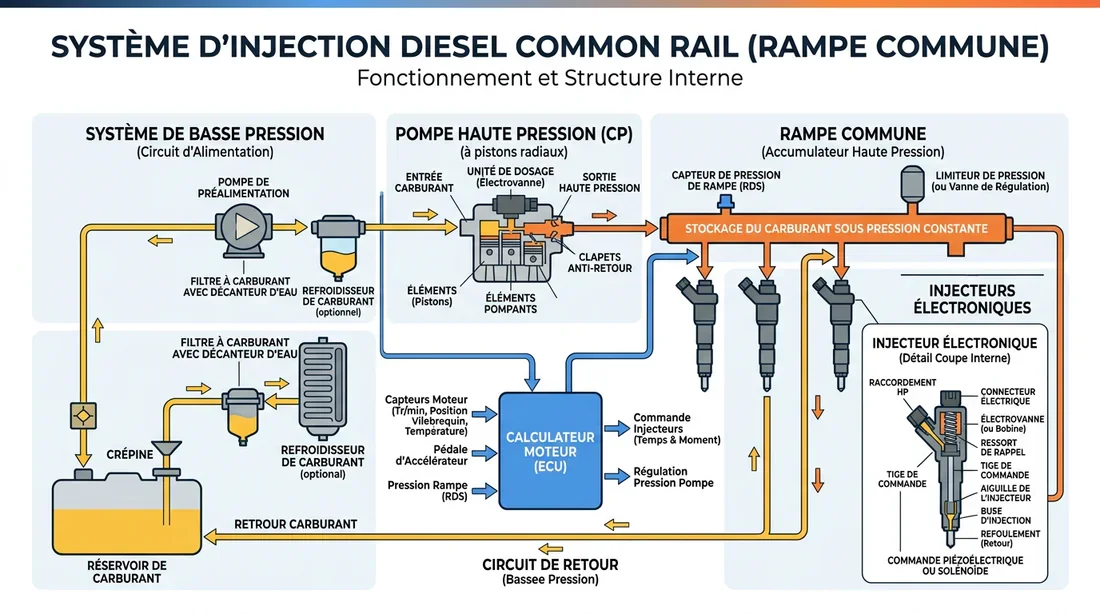 Schéma technique explicatif du fonctionnement d'une rampe d'injection diesel