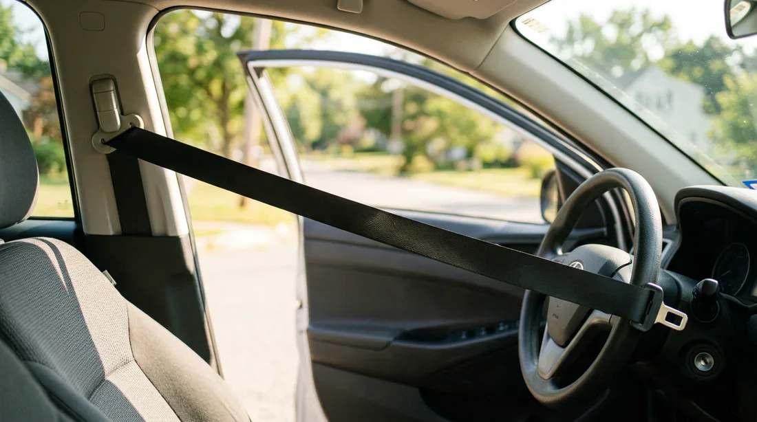 Ceinture de sécurité propre étendue qui sèche à l'air libre dans la voiture