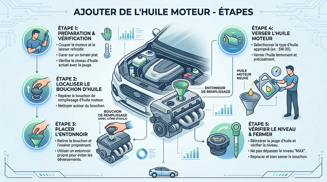 Guide étape par étape pour faire l'appoint d'huile Infographie des étapes pour ajouter de l'huile moteur