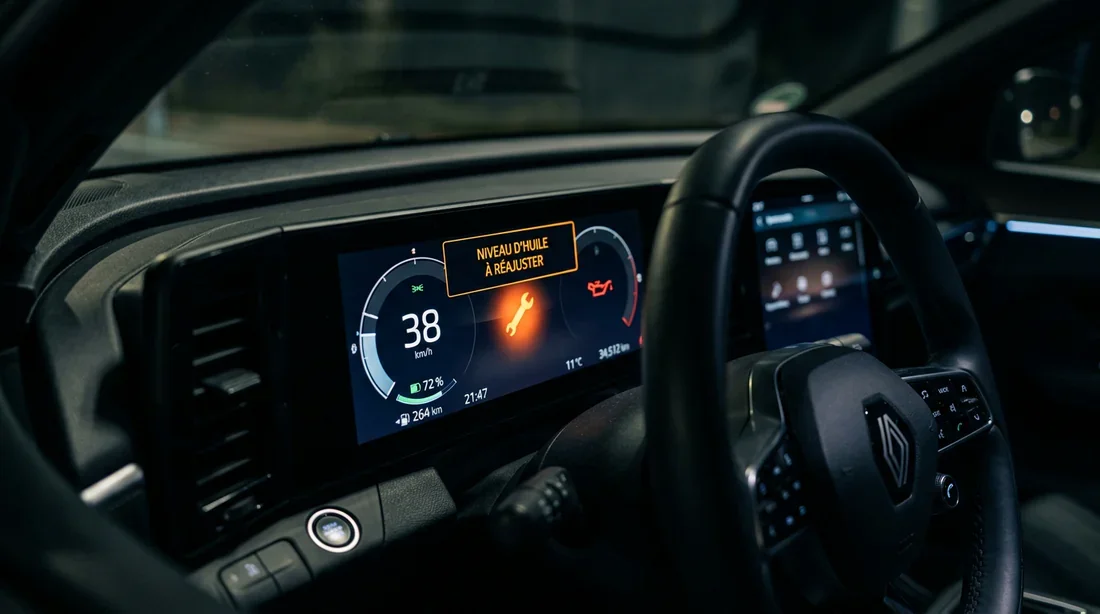 Alerte niveau d'huile sur tableau de bord Renault Tableau de bord Renault avec message Niveau d'huile à réajuster