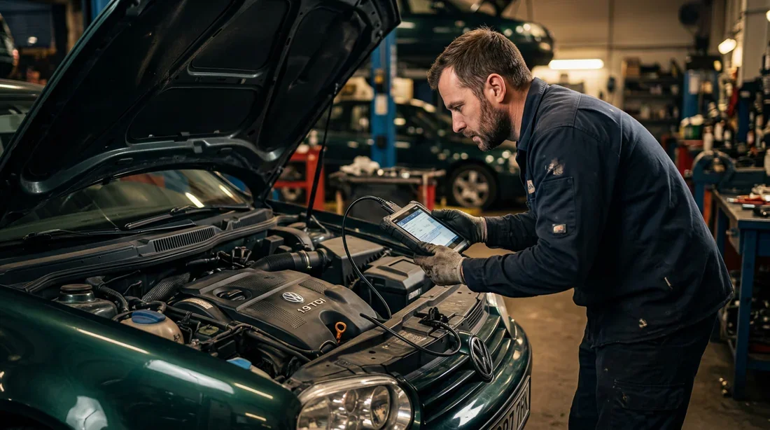 Mécanicien professionnel effectuant un diagnostic électronique sur un moteur 1.9 TDI