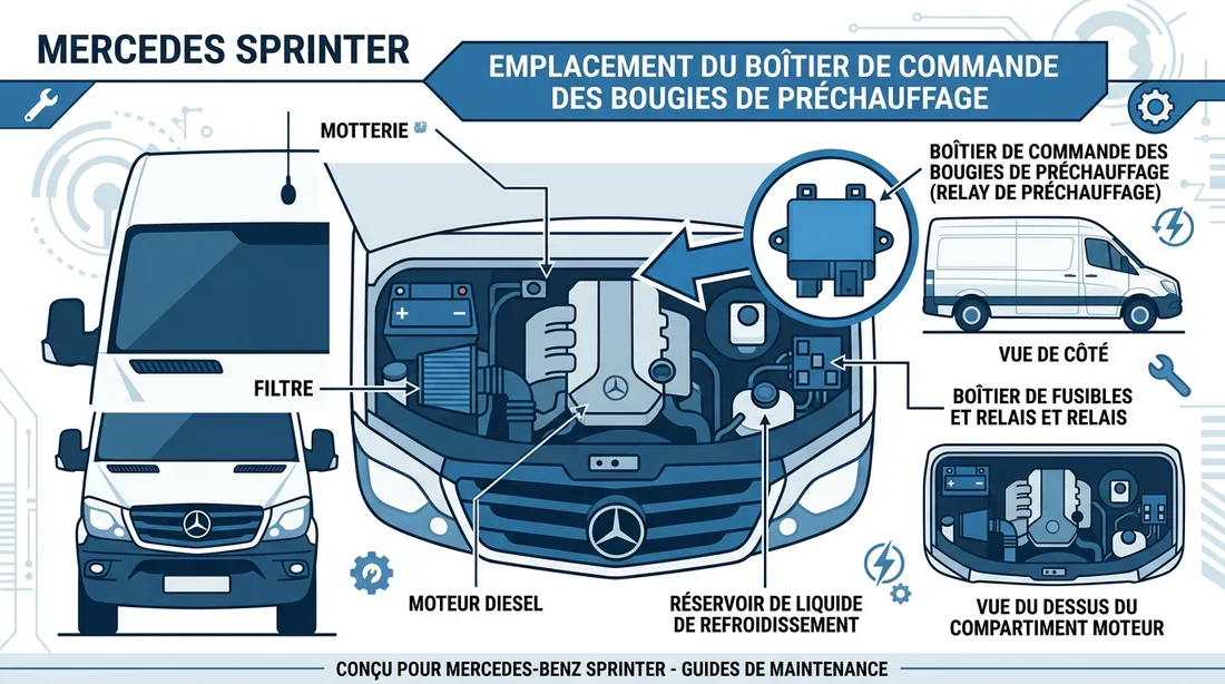 Emplacement boîtier préchauffage Sprinter Schéma de localisation du module de préchauffage sur Mercedes Sprinter
