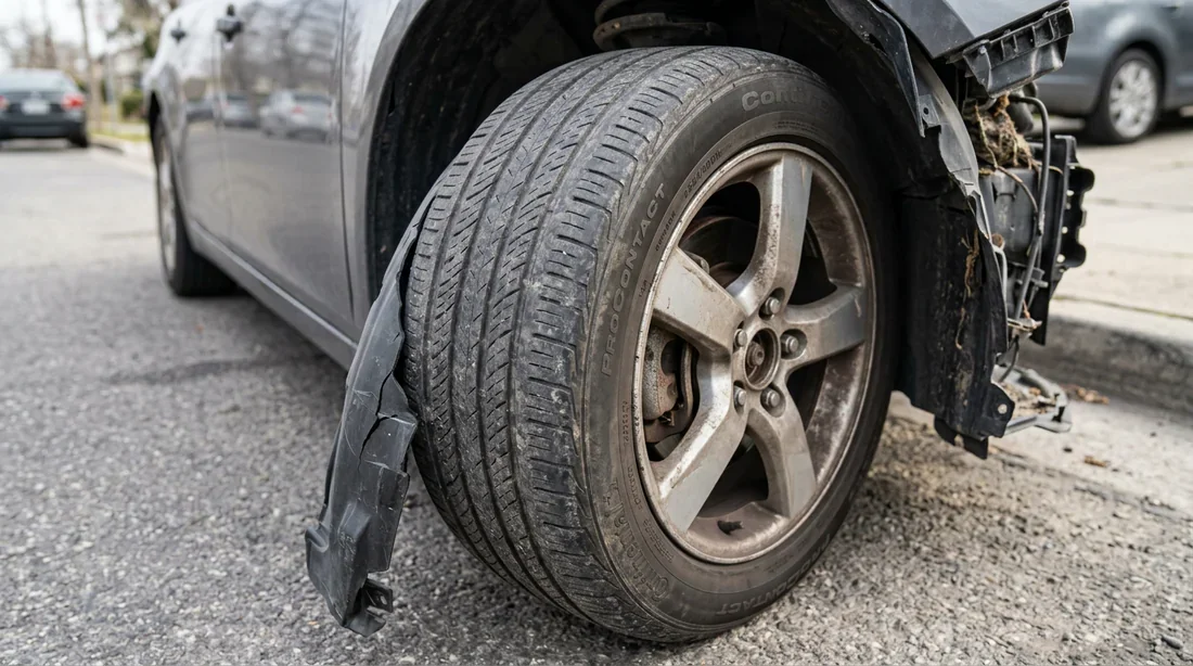 Pare-boue en plastique noir cassé frottant contre le pneu d'une voiture