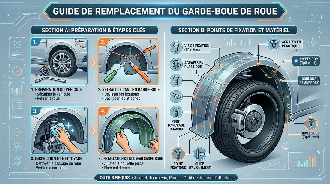 Schéma explicatif des étapes de changement d'un pare-boue automobile