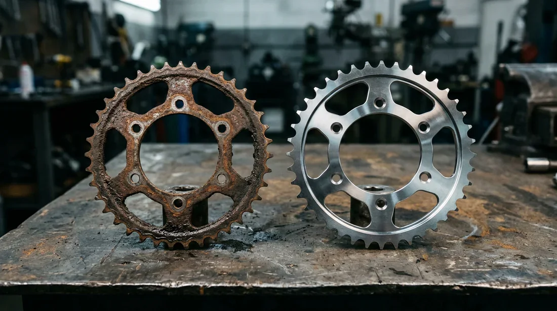 Signes d'usure d'un pignon moto Comparaison entre un pignon de moto usé et un pignon neuf