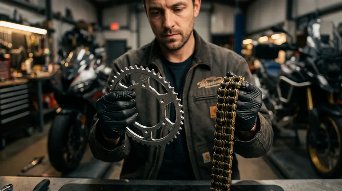 Le choix et l'entretien du kit chaîne moto Mécanicien moto tenant un kit chaîne neuf dans un atelier professionnel