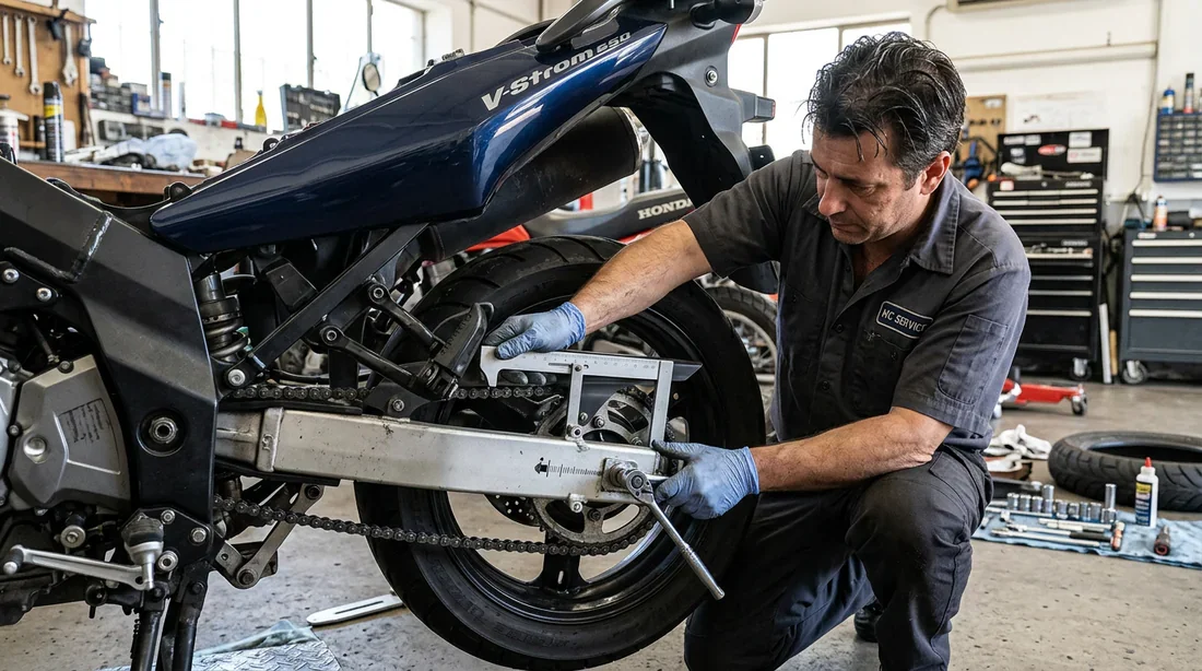Techniques de réglage de tension de chaîne Réglage de la tension de la chaîne sur une moto en atelier