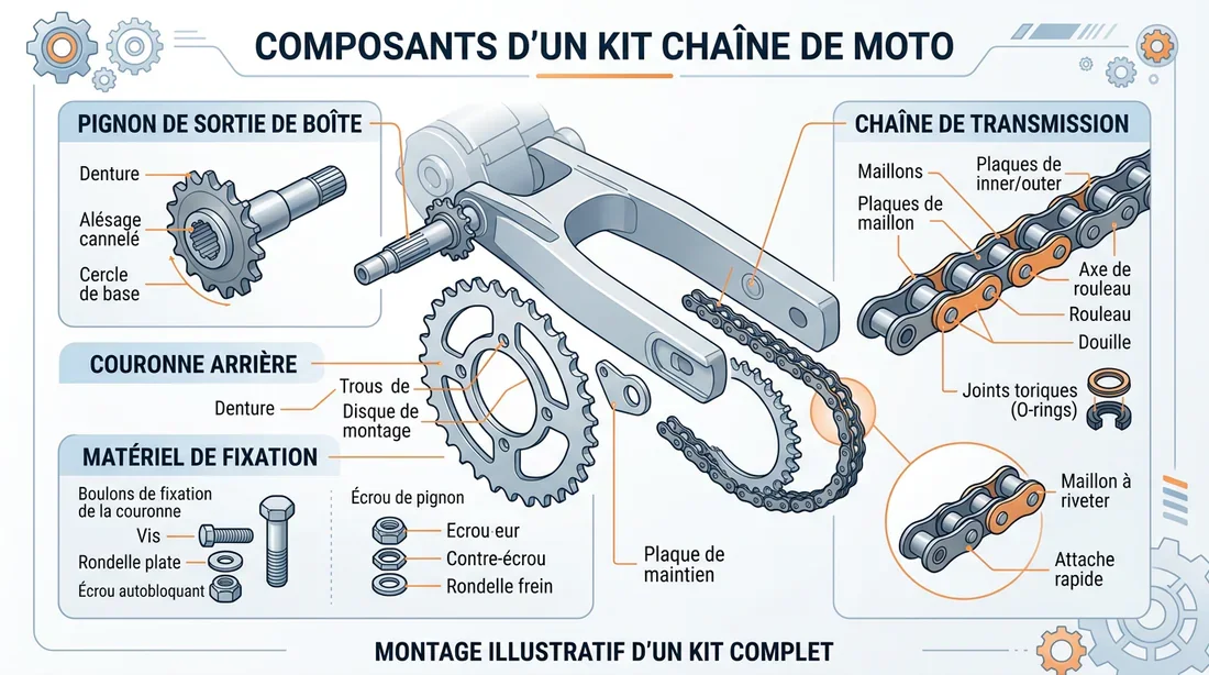 Schéma des pièces du kit chaîne Schéma explicatif des composants d'un kit chaîne moto