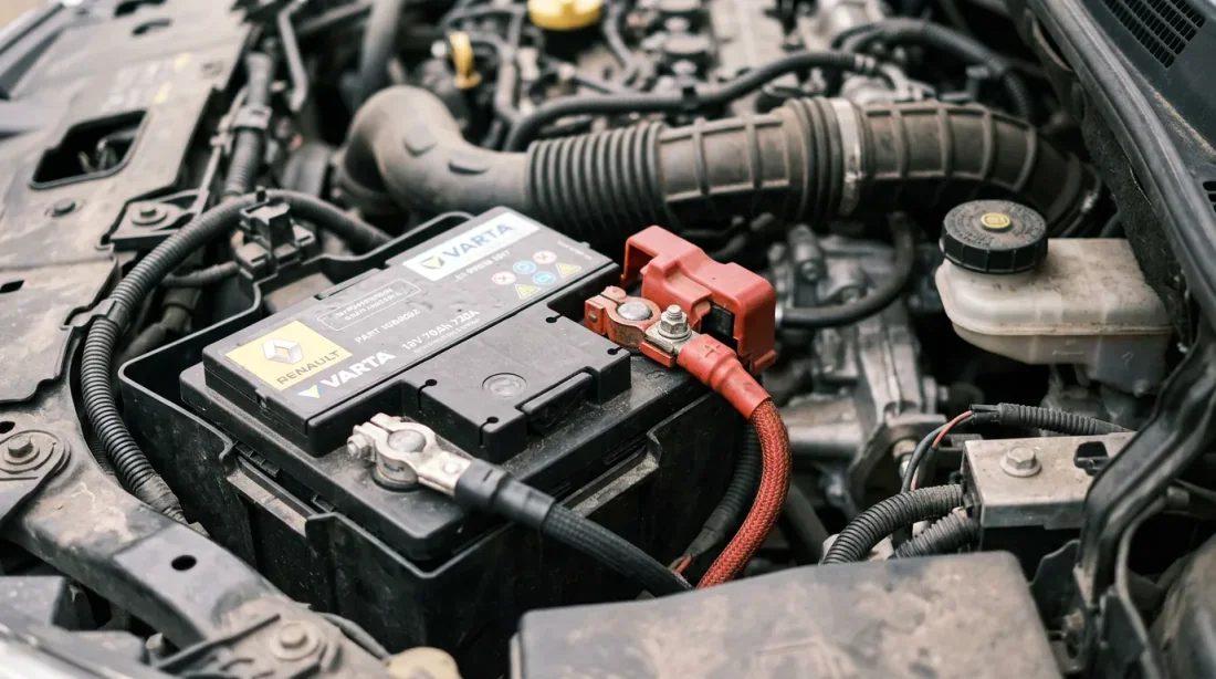 Espace de travail moderne Compartiment moteur d'un Renault Scénic 3 avec vue rapprochée sur la batterie et ses bornes