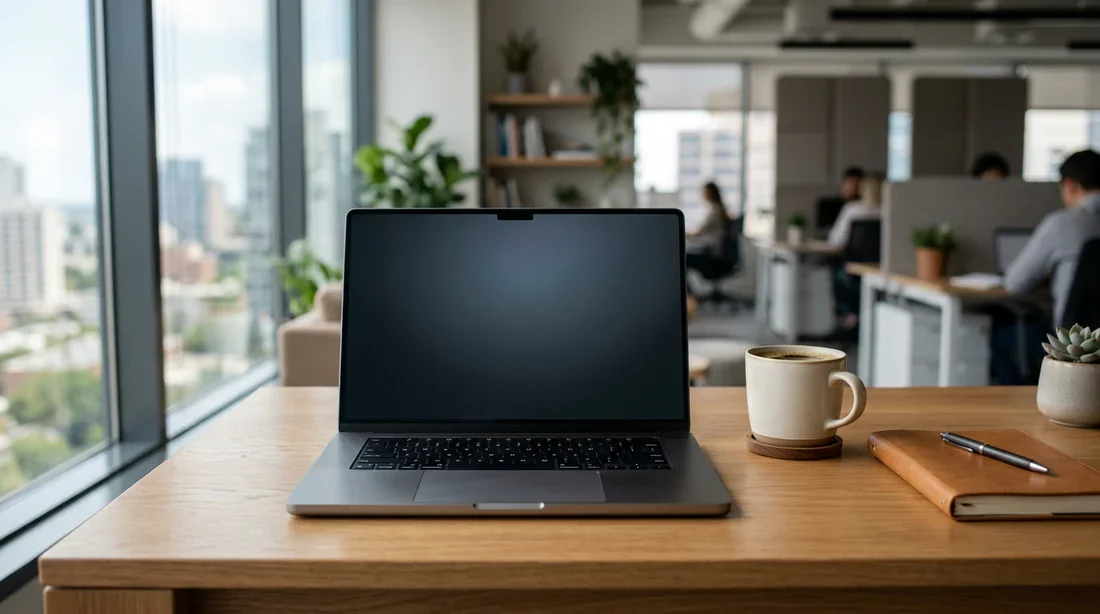 Espace de travail moderne et professionnel sur un bureau en bois épuré