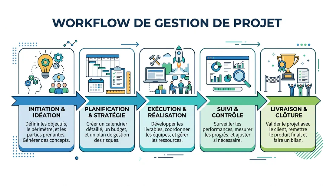 Infographie montrant les étapes d'un flux de travail professionnel