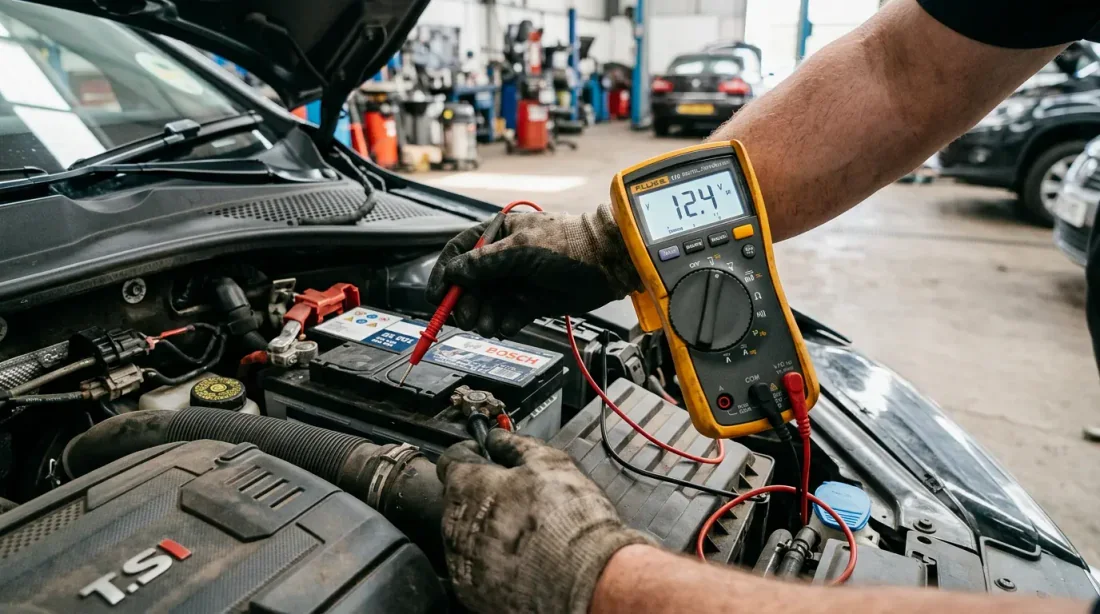 Bureau minimaliste Mesure de la tension d'une batterie automobile avec un multimètre affichant 12,4 volts sur la borne