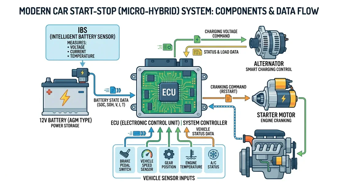 Bureau minimaliste Schéma illustrant les composants du système Start and Stop sur un Renault Scénic 3 : calculateur, batterie, capteur IBS et démarreur
