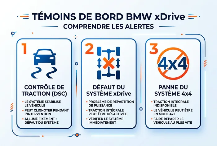 Infographie des voyants de tableau de bord liés au système xDrive