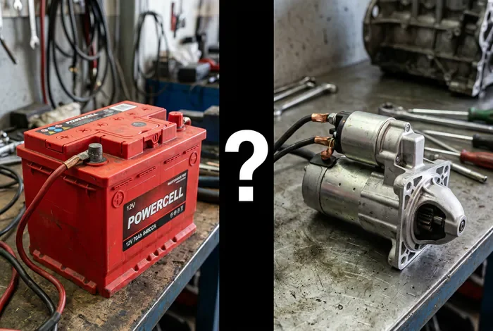 Image scindée montrant une batterie rouge et un démarreur avec un point d'interrogation