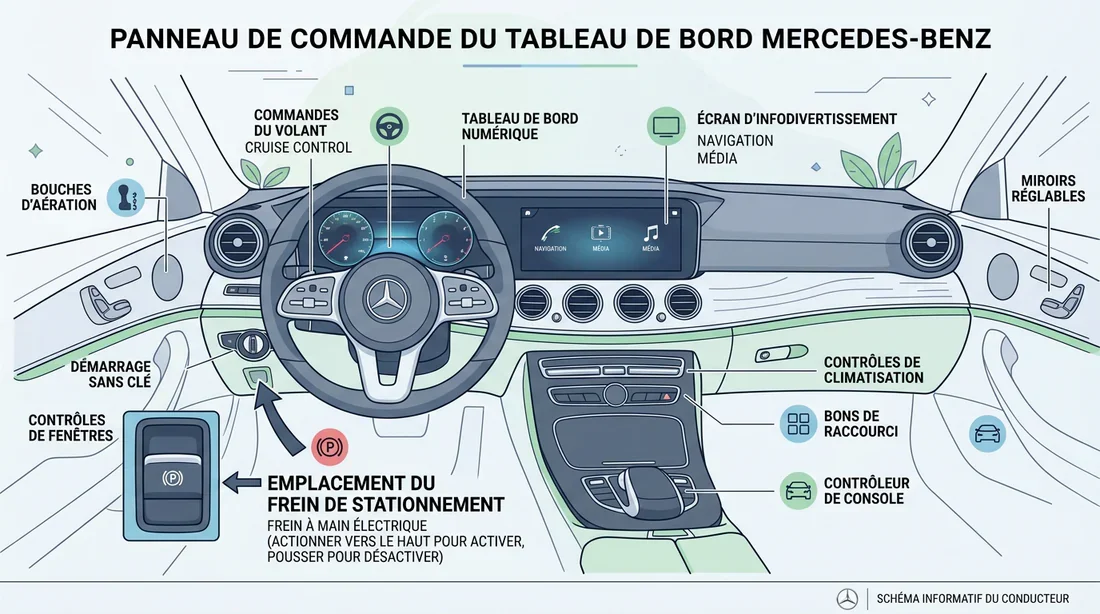 Schéma de l'emplacement du frein à main Mercedes