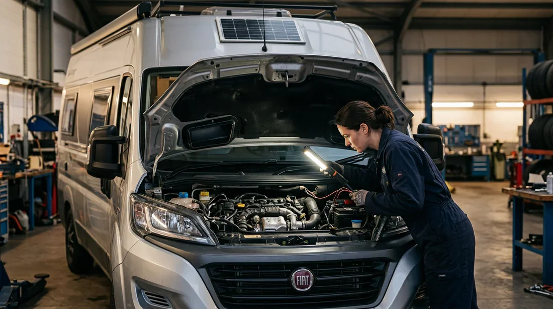 Inspection technique du moteur Fiat Ducato Mécanicien inspectant le moteur d'un camping-car Fiat Ducato sous le capot ouvert