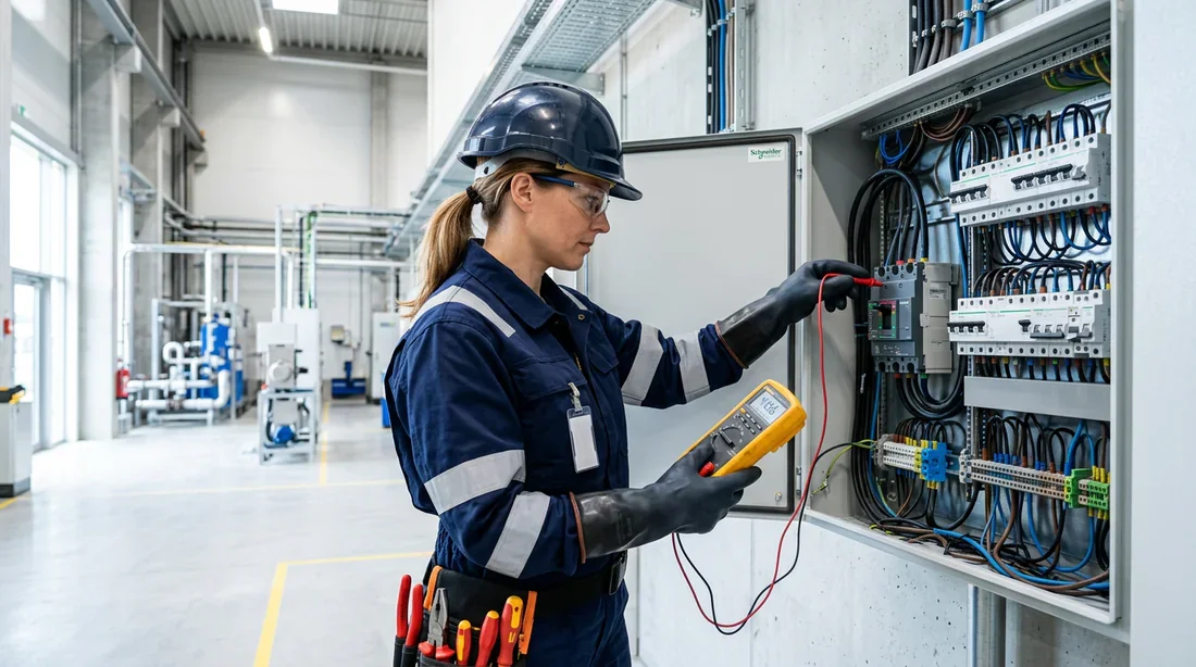 Électricien effectuant un contrôle de sécurité sur un tableau électrique
