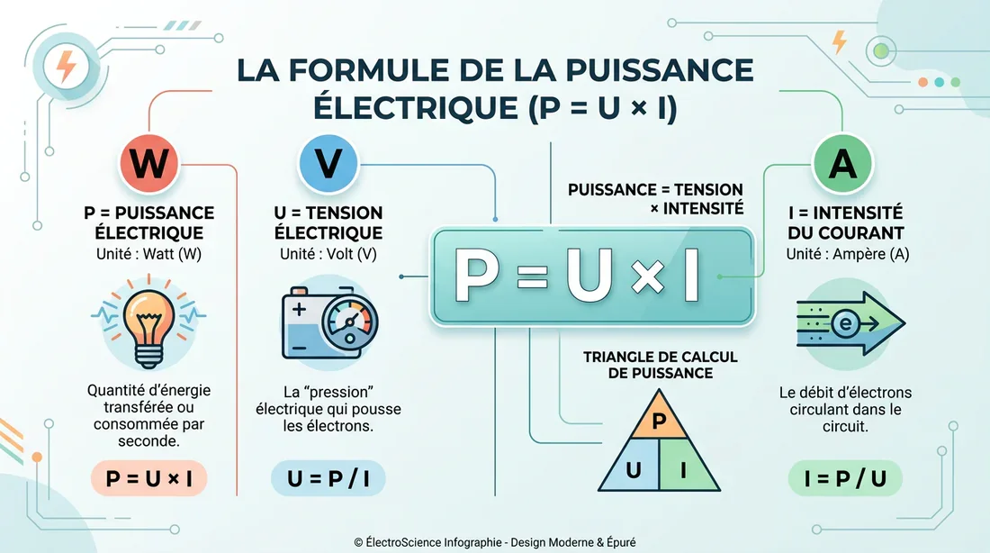 Infographie explicative du calcul de la puissance électrique en Watts